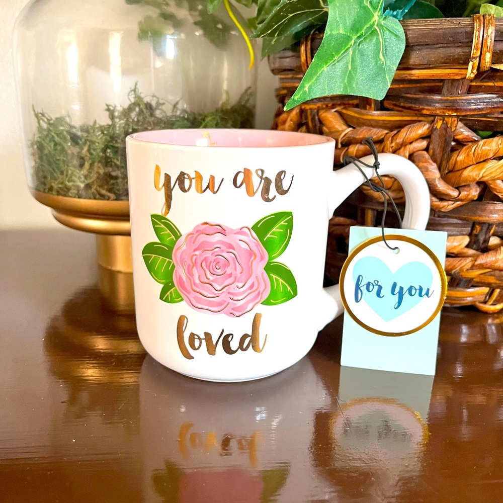 NEW Sheffield Home “You Are Loved” Ceramic Coffee Mug White w/Pink Flower 16 oz